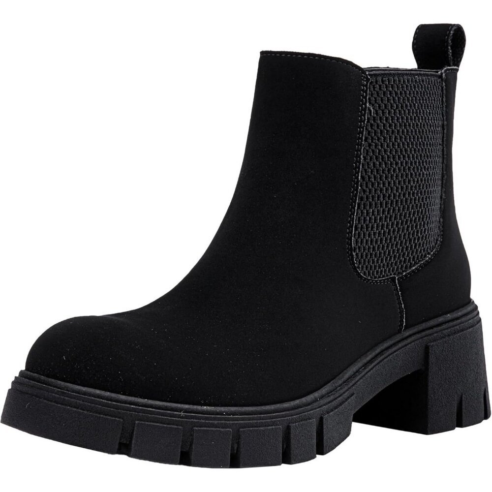 Vepose Women's Blacknubuck Faux Leather Lug Sole Elastic Slip on Ankle Booties